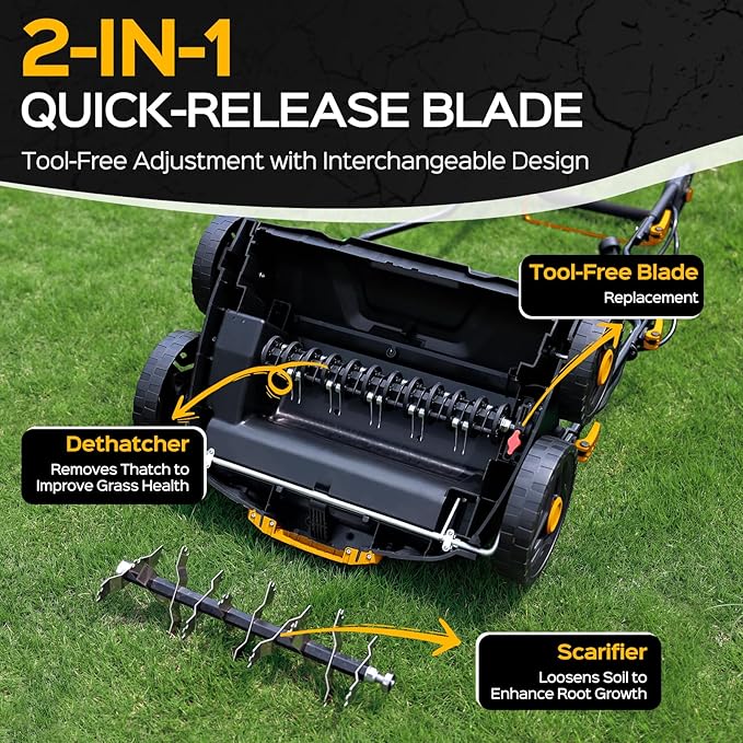2025 Upgrade 16-Inch 15.5 Amp 2-in-1 Electric Dethatcher and Scarifier with 14.5-Gallon Collection Bag, Lawn Dethatcher with 5-Position Depth Adjustment, Keeps Lawn Healthy - Bold Yellow
