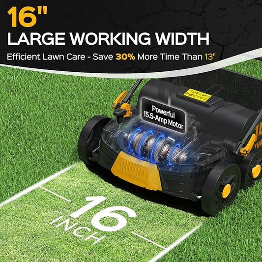 2025 Upgrade 16-Inch 15.5 Amp 2-in-1 Electric Dethatcher and Scarifier with 14.5-Gallon Collection Bag, Lawn Dethatcher with 5-Position Depth Adjustment, Keeps Lawn Healthy - Bold Yellow