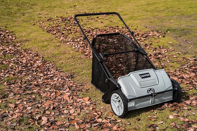 21-Inch Push Lawn Sweeper, Grass, Lawn and Leaf Cleanup Collector with Large 3.5 cu. ft. Hopper Bag, Durable Wheels, and Dual Spinning Brushes, Grey