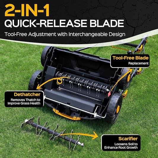 2025 Upgrade 16-Inch 15.5 Amp 2-in-1 Electric Dethatcher and Scarifier with 14.5-Gallon Collection Bag, Lawn Dethatcher with 5-Position Depth Adjustment, Keeps Lawn Healthy - Bold Yellow