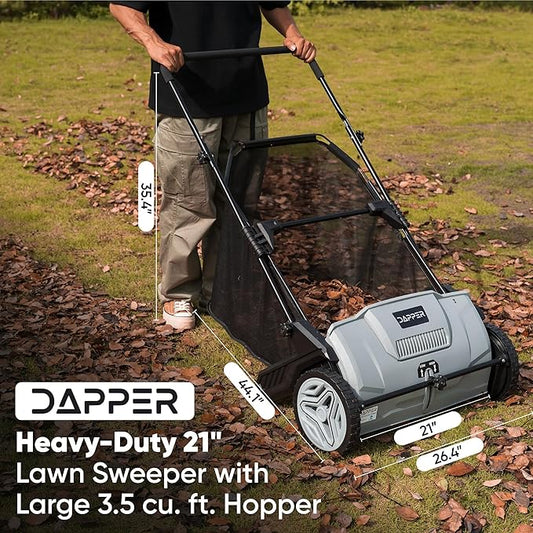 21-Inch Push Lawn Sweeper, Grass, Lawn and Leaf Cleanup Collector with Large 3.5 cu. ft. Hopper Bag, Durable Wheels, and Dual Spinning Brushes, Grey